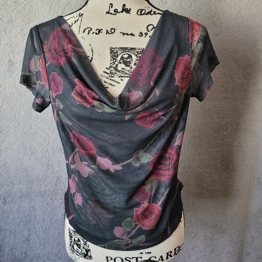 Silence + Noise mesh rose top cowl neck XL grunge goth romantic vampy festival